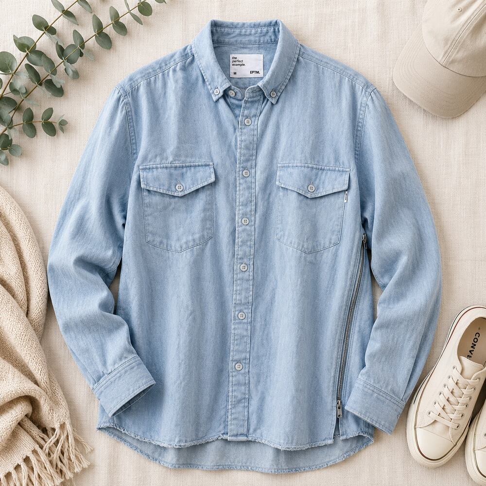 EPTM The Perfect Example Chambray Shirt Men's Medium Blue Side Zipper